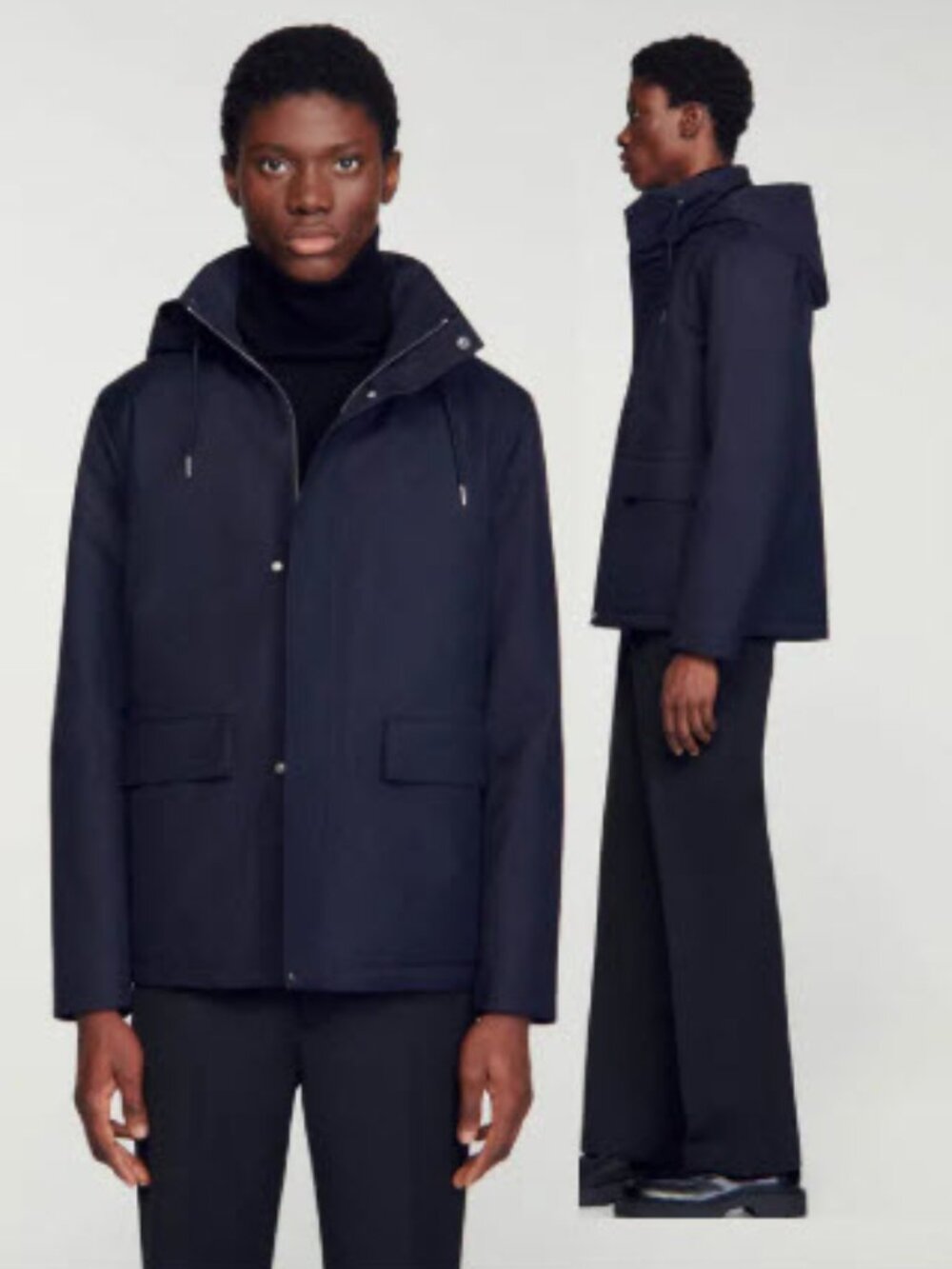 Sandro Navy Technical Hooded Wool Blend Parka NWT Quilted Lining XL